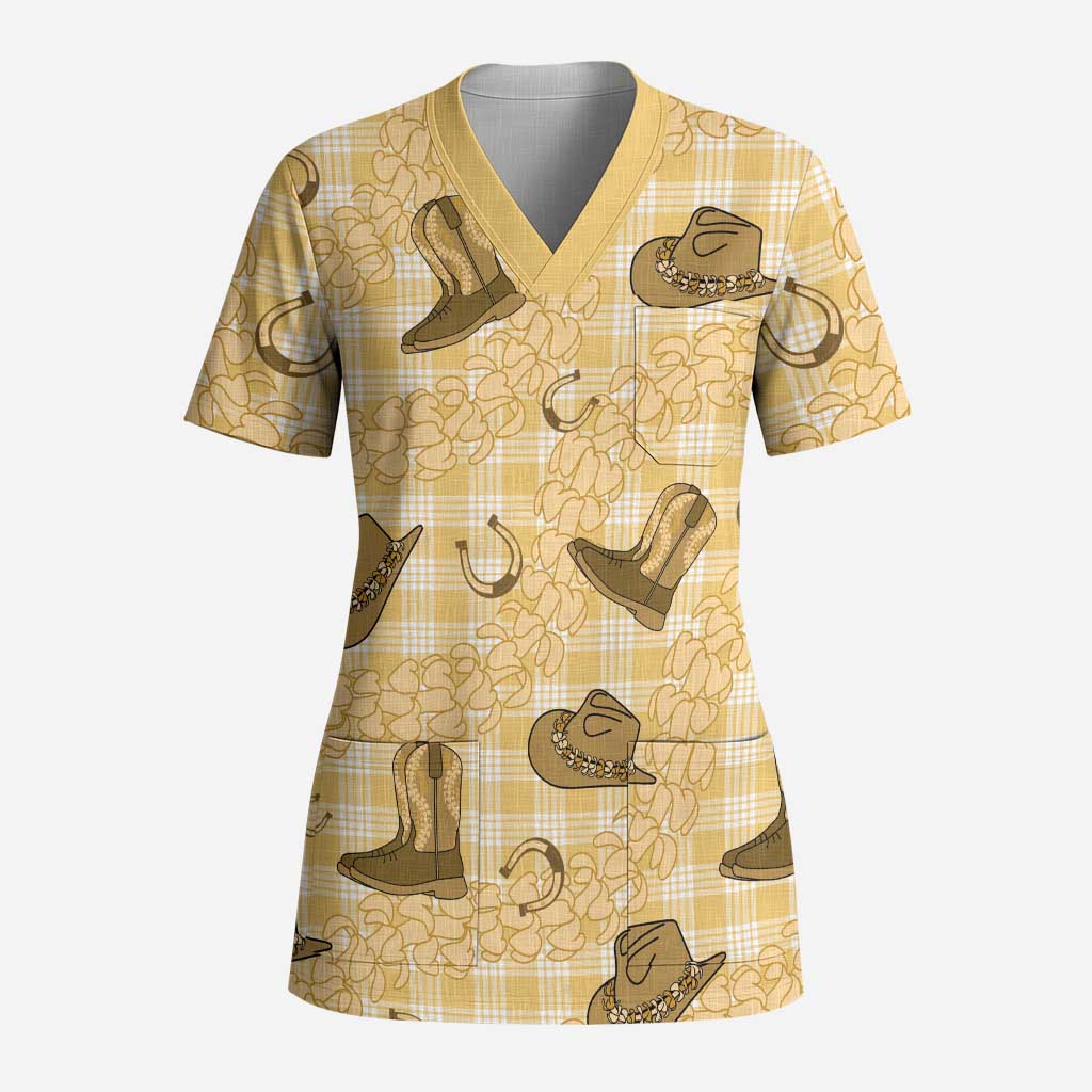 Yellow Palaka Hawaii Cowboy Scrub Top Puakenikeni Lei Paniolo Papale Seamless Vibes - Polynesian Pride