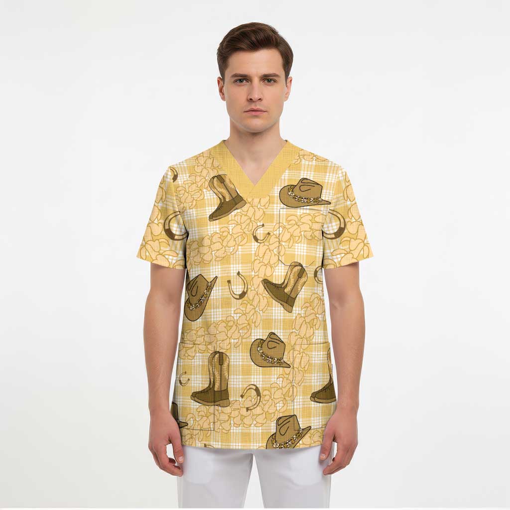 Yellow Palaka Hawaii Cowboy Scrub Top Puakenikeni Lei Paniolo Papale Seamless Vibes - Polynesian Pride
