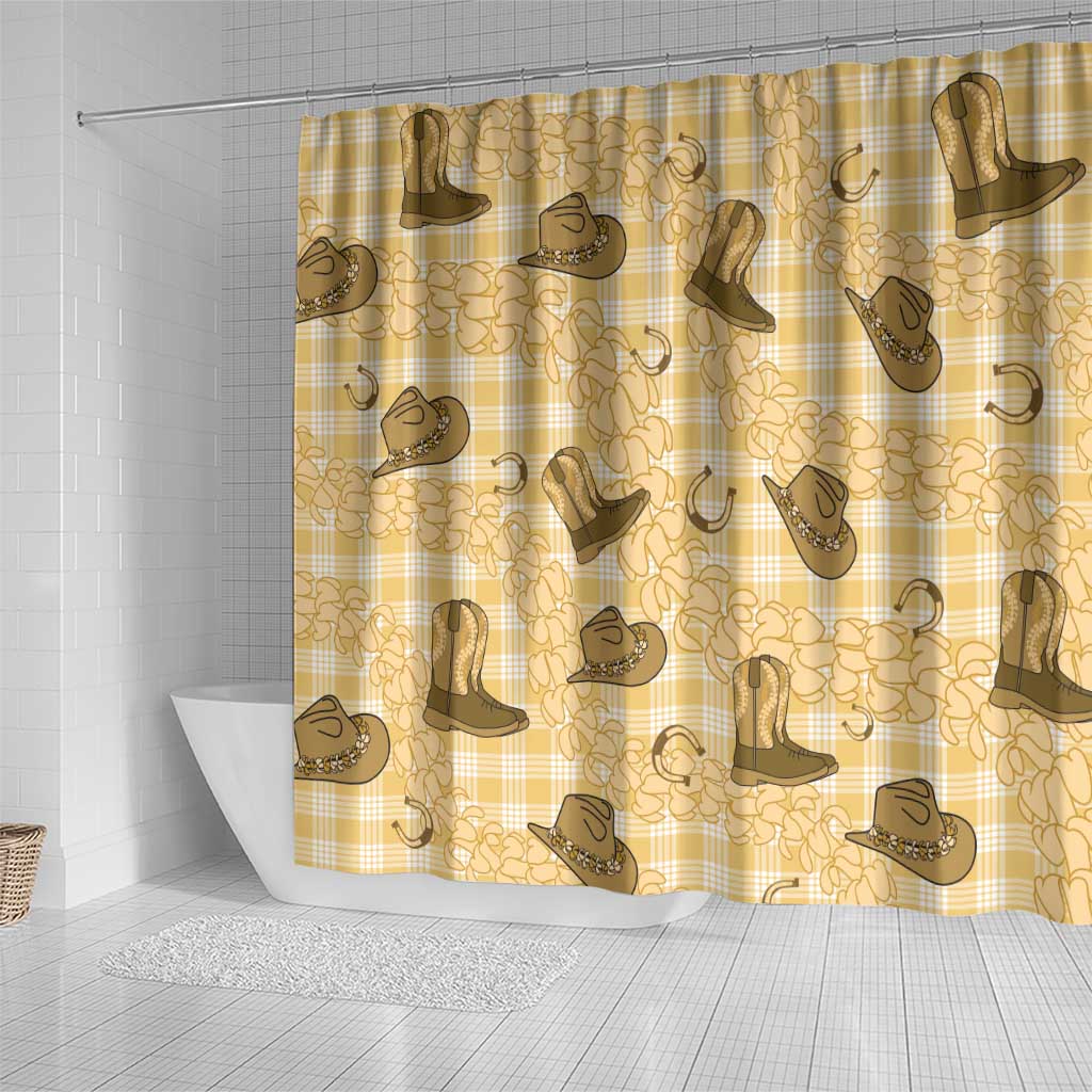 Yellow Palaka Hawaii Cowboy Shower Curtain Puakenikeni Lei Paniolo Papale Seamless Vibes - Polynesian Pride