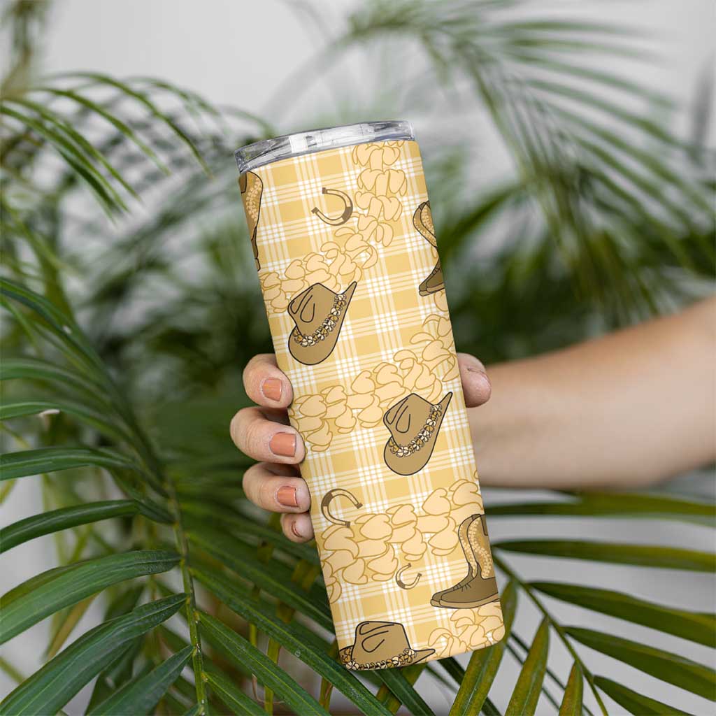 Yellow Palaka Hawaii Cowboy Skinny Tumbler Puakenikeni Lei Paniolo Papale Seamless Vibes LT14 - Polynesian Pride