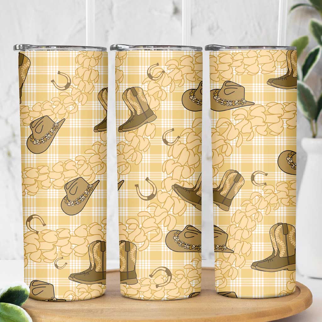 Yellow Palaka Hawaii Cowboy Skinny Tumbler Puakenikeni Lei Paniolo Papale Seamless Vibes LT14 - Polynesian Pride