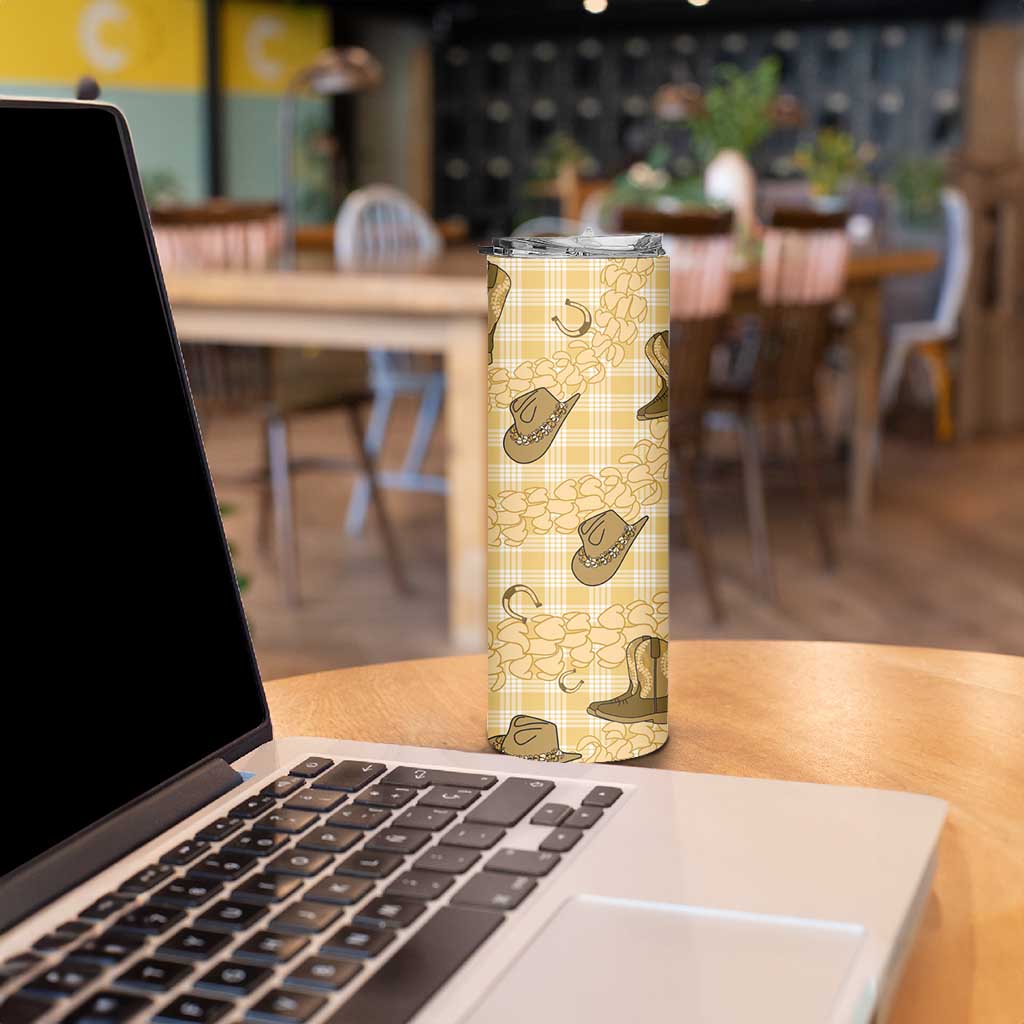 Yellow Palaka Hawaii Cowboy Skinny Tumbler Puakenikeni Lei Paniolo Papale Seamless Vibes LT14 - Polynesian Pride