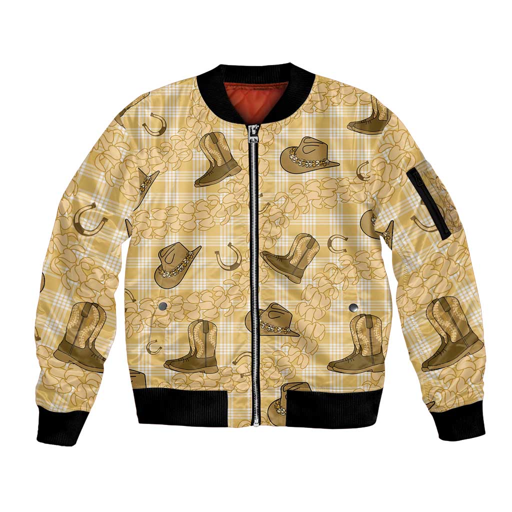 Yellow Palaka Hawaii Cowboy Sleeve Zip Bomber Jacket Puakenikeni Lei Paniolo Papale Seamless Vibes - Polynesian Pride