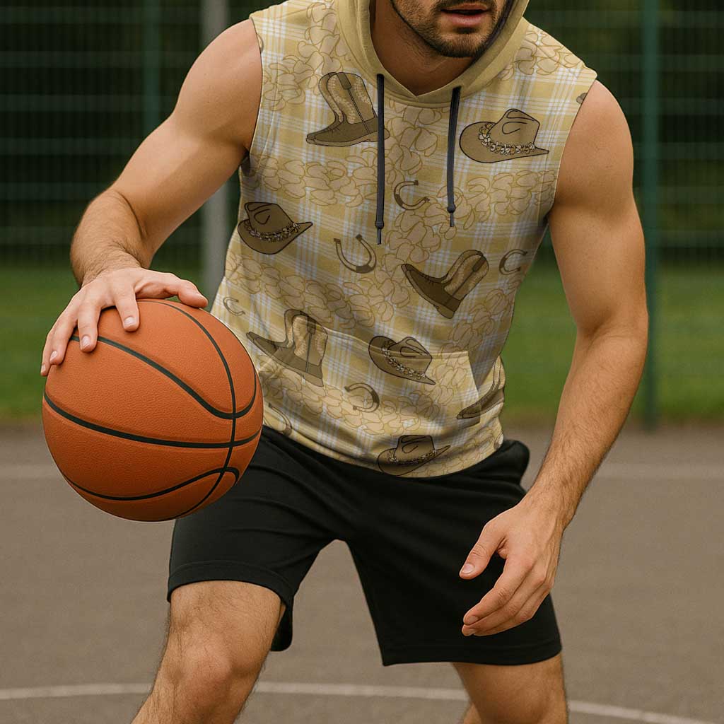 Yellow Palaka Hawaii Cowboy Sleeveless Hoodie Puakenikeni Lei Paniolo Papale Seamless Vibes - Polynesian Pride