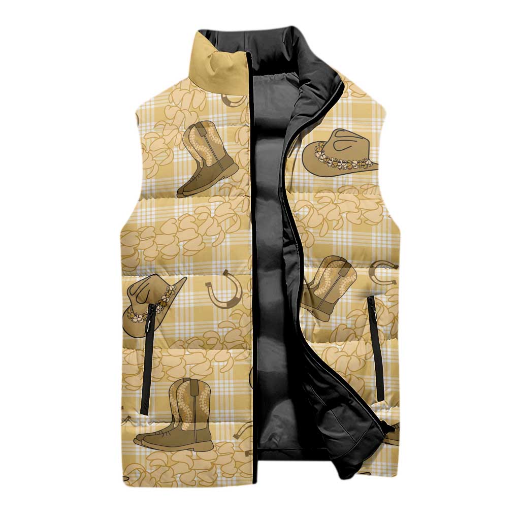 Yellow Palaka Hawaii Cowboy Sleeveless Puffer Jacket Puakenikeni Lei Paniolo Papale Seamless Vibes - Polynesian Pride