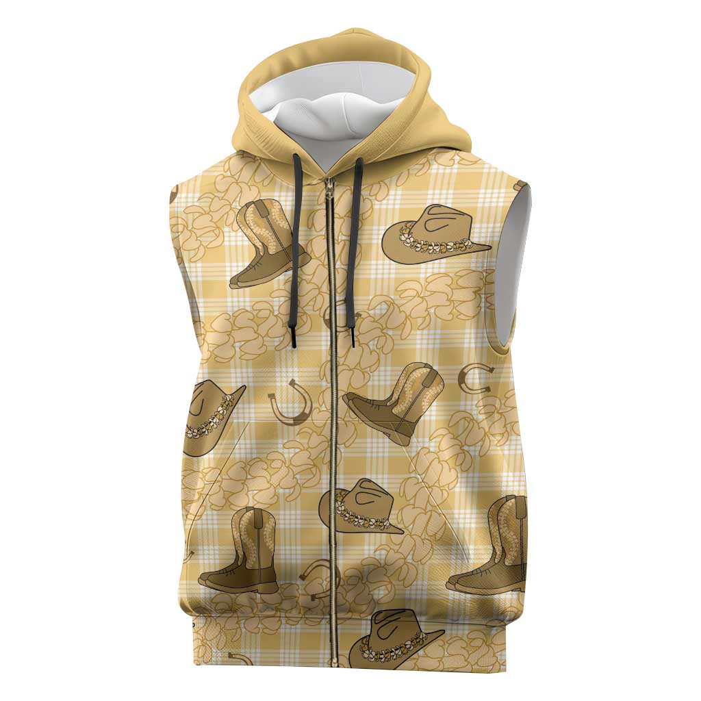 Yellow Palaka Hawaii Cowboy Sleeveless Zip Hoodie Puakenikeni Lei Paniolo Papale Seamless Vibes - Polynesian Pride