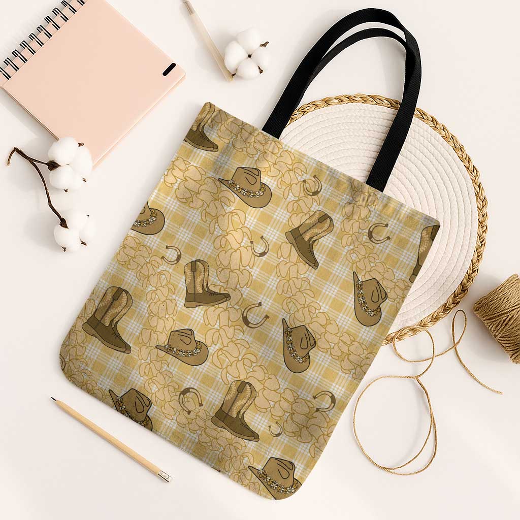 Yellow Palaka Hawaii Cowboy Tote Bag Puakenikeni Lei Paniolo Papale Seamless Vibes - Polynesian Pride