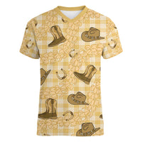 Yellow Palaka Hawaii Cowboy Women V-Neck T-Shirt Puakenikeni Lei Paniolo Papale Seamless Vibes - Polynesian Pride