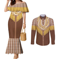 Aloha Hawaii Cowboy Custome Couples Matching Mermaid Dress and Long Sleeve Button Shirt Puakenikeni Lei Palaka Tassel Style - Polynesian Pride