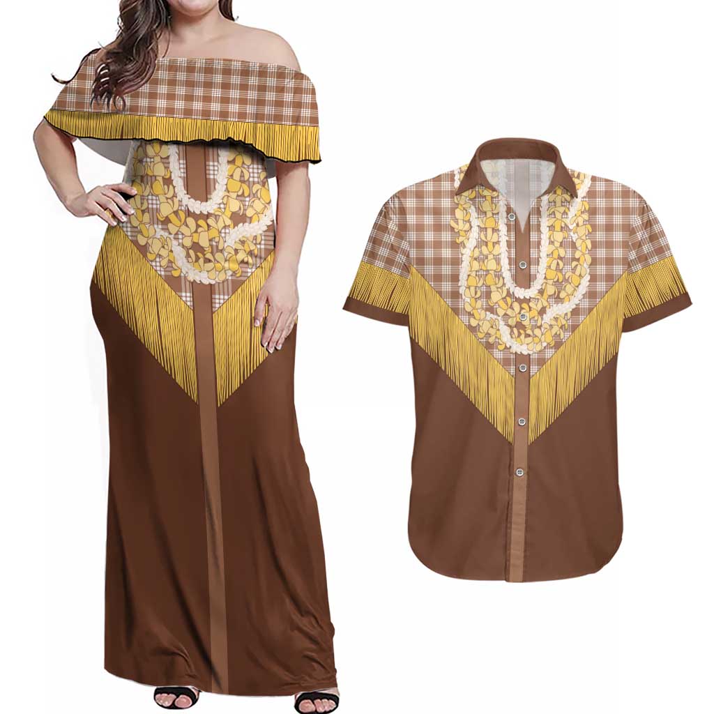Aloha Hawaii Cowboy Custome Couples Matching Off Shoulder Maxi Dress and Hawaiian Shirt Puakenikeni Lei Palaka Tassel Style - Polynesian Pride