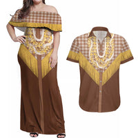 Aloha Hawaii Cowboy Custome Couples Matching Off Shoulder Maxi Dress and Hawaiian Shirt Puakenikeni Lei Palaka Tassel Style - Polynesian Pride