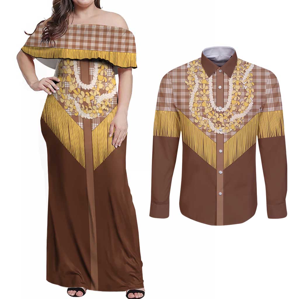 Aloha Hawaii Cowboy Custome Couples Matching Off Shoulder Maxi Dress and Long Sleeve Button Shirt Puakenikeni Lei Palaka Tassel Style - Polynesian Pride