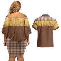 Aloha Hawaii Cowboy Custome Couples Matching Off Shoulder Short Dress and Hawaiian Shirt Puakenikeni Lei Palaka Tassel Style - Polynesian Pride