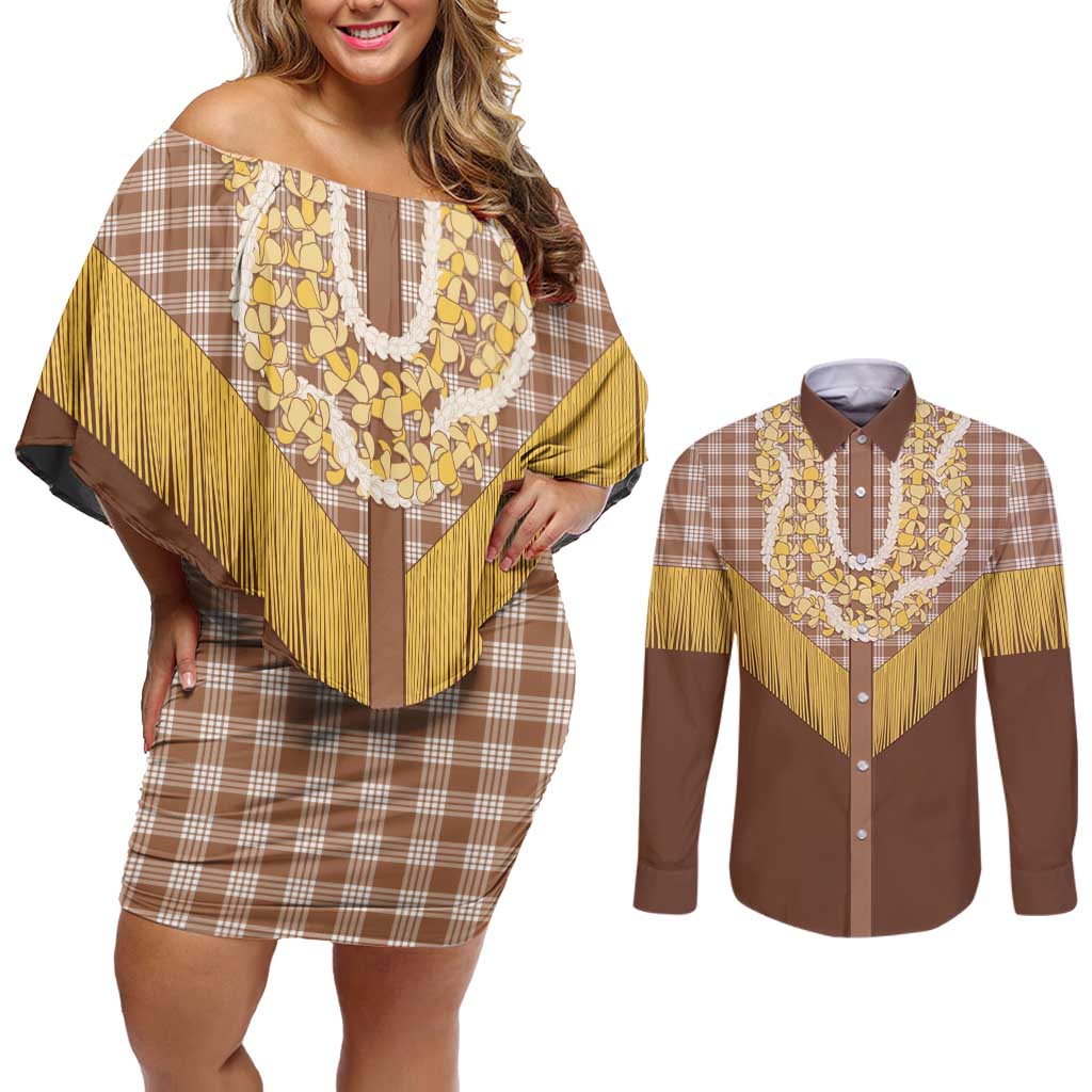 Aloha Hawaii Cowboy Custome Couples Matching Off Shoulder Short Dress and Long Sleeve Button Shirt Puakenikeni Lei Palaka Tassel Style - Polynesian Pride