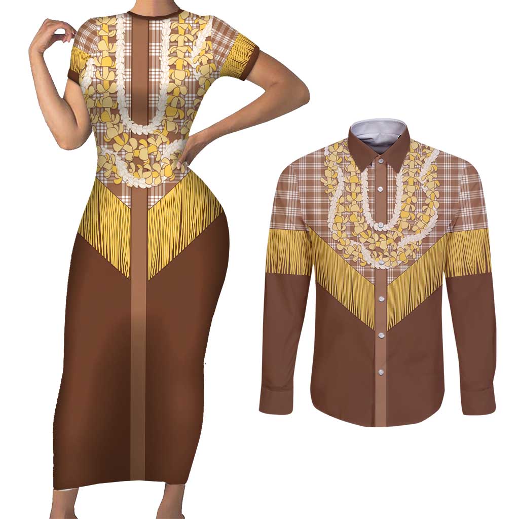 Aloha Hawaii Cowboy Custome Couples Matching Short Sleeve Bodycon Dress and Long Sleeve Button Shirt Puakenikeni Lei Palaka Tassel Style - Polynesian Pride