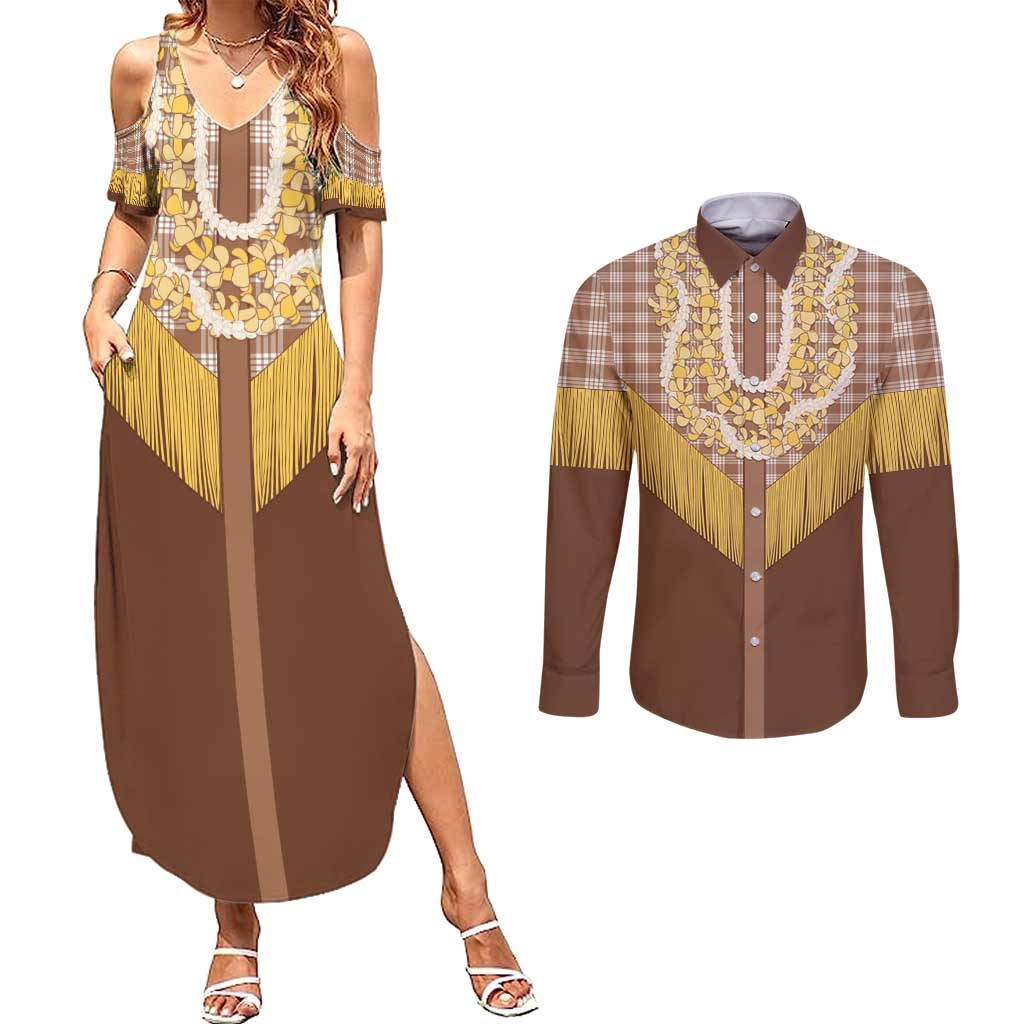 Aloha Hawaii Cowboy Custome Couples Matching Summer Maxi Dress and Long Sleeve Button Shirt Puakenikeni Lei Palaka Tassel Style - Polynesian Pride
