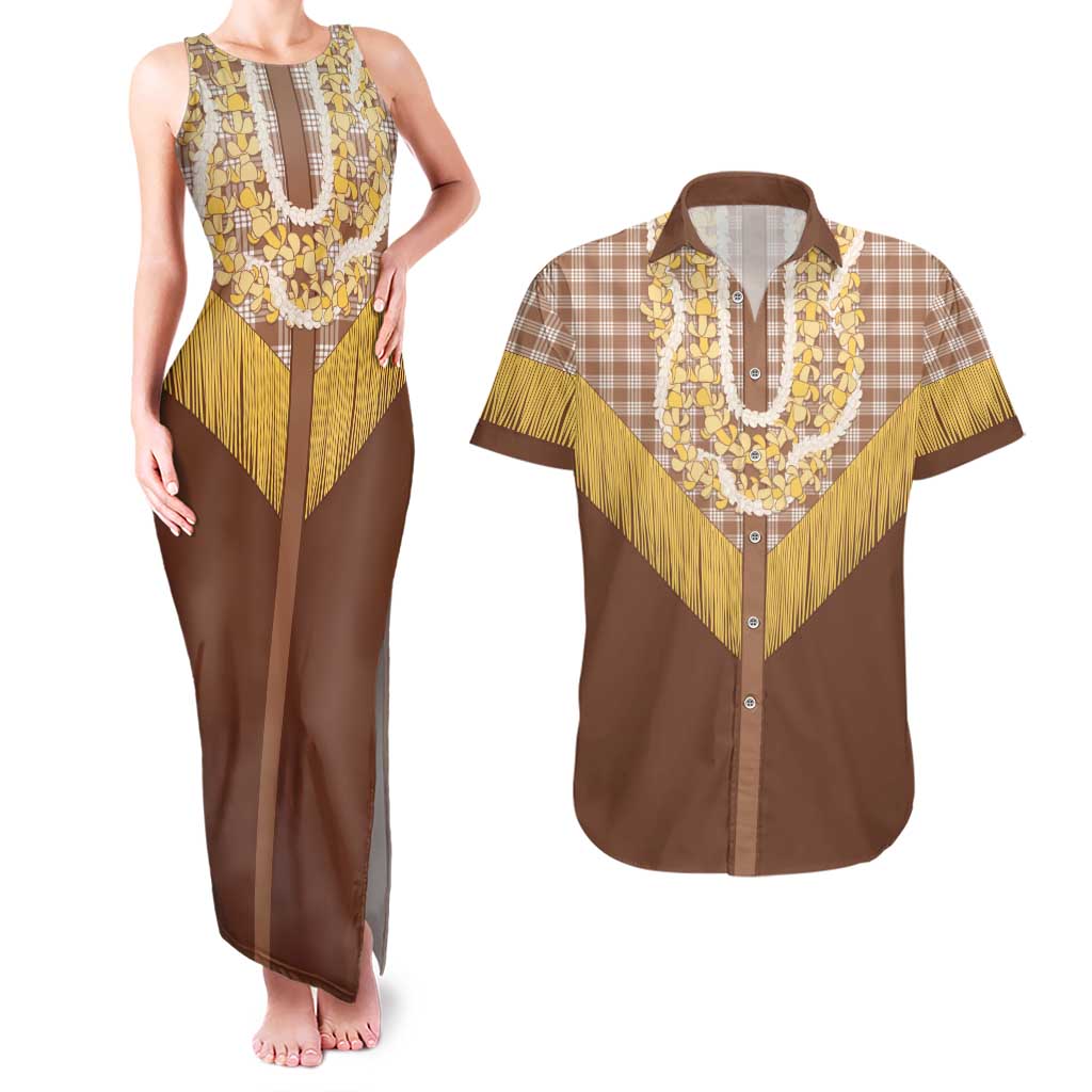 Aloha Hawaii Cowboy Custome Couples Matching Tank Maxi Dress and Hawaiian Shirt Puakenikeni Lei Palaka Tassel Style - Polynesian Pride