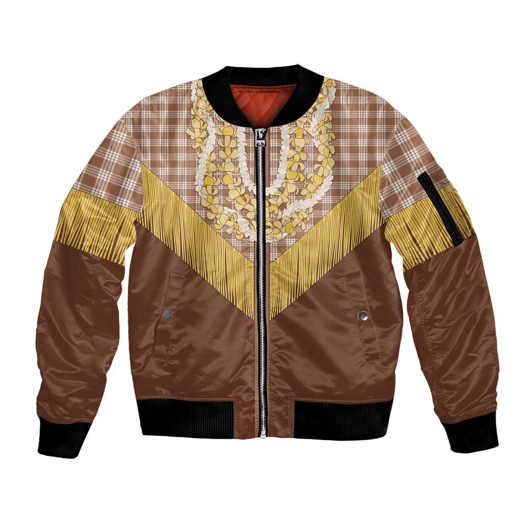 Aloha Hawaii Cowboy Custome Sleeve Zip Bomber Jacket Puakenikeni Lei Palaka Tassel Style - Polynesian Pride