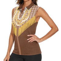 Aloha Hawaii Cowboy Custome Women Sleeveless Polo Shirt Puakenikeni Lei Palaka Tassel Style - Polynesian Pride