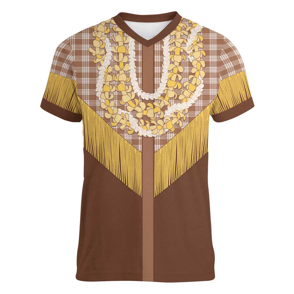 Aloha Hawaii Cowboy Custome Women V-Neck T-Shirt Puakenikeni Lei Palaka Tassel Style - Polynesian Pride