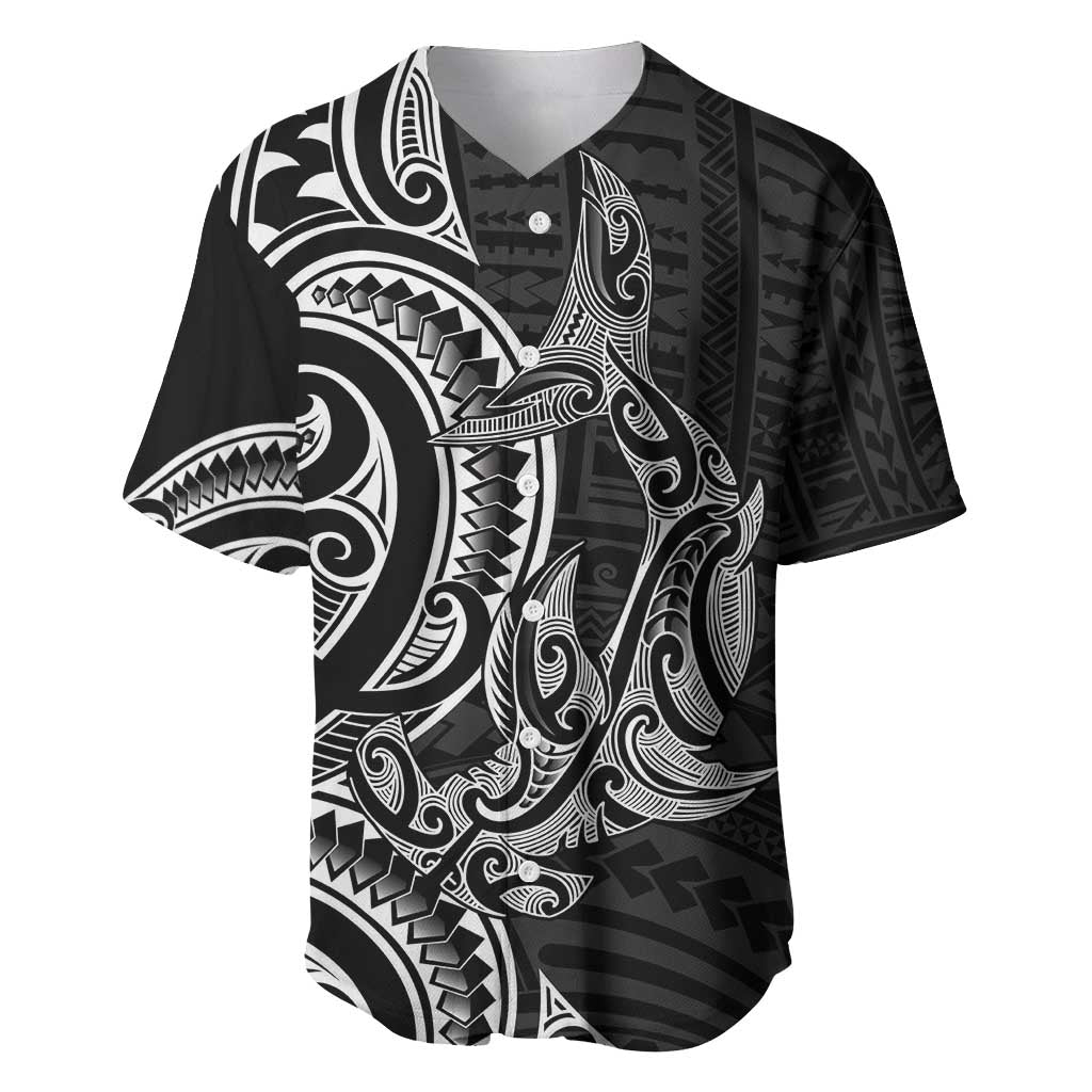 New Zealand Hammerhead Shark Baseball Jersey Maori Haehae Mangopare Black - Polynesian Pride