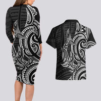New Zealand Hammerhead Shark Couples Matching Long Sleeve Bodycon Dress and Hawaiian Shirt Maori Haehae Mangopare Black - Polynesian Pride