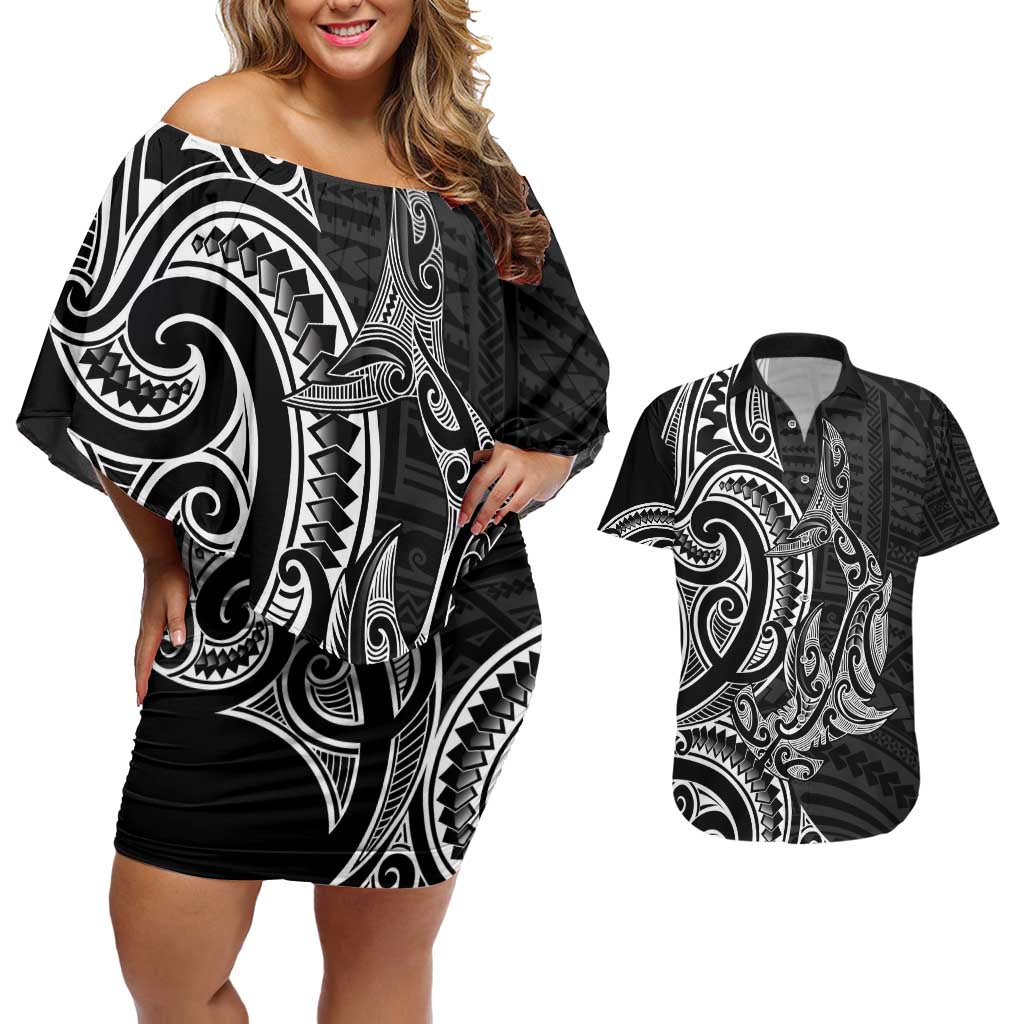 New Zealand Hammerhead Shark Couples Matching Off Shoulder Short Dress and Hawaiian Shirt Maori Haehae Mangopare Black - Polynesian Pride