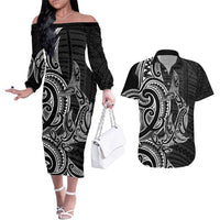 New Zealand Hammerhead Shark Couples Matching Off The Shoulder Long Sleeve Dress and Hawaiian Shirt Maori Haehae Mangopare Black - Polynesian Pride