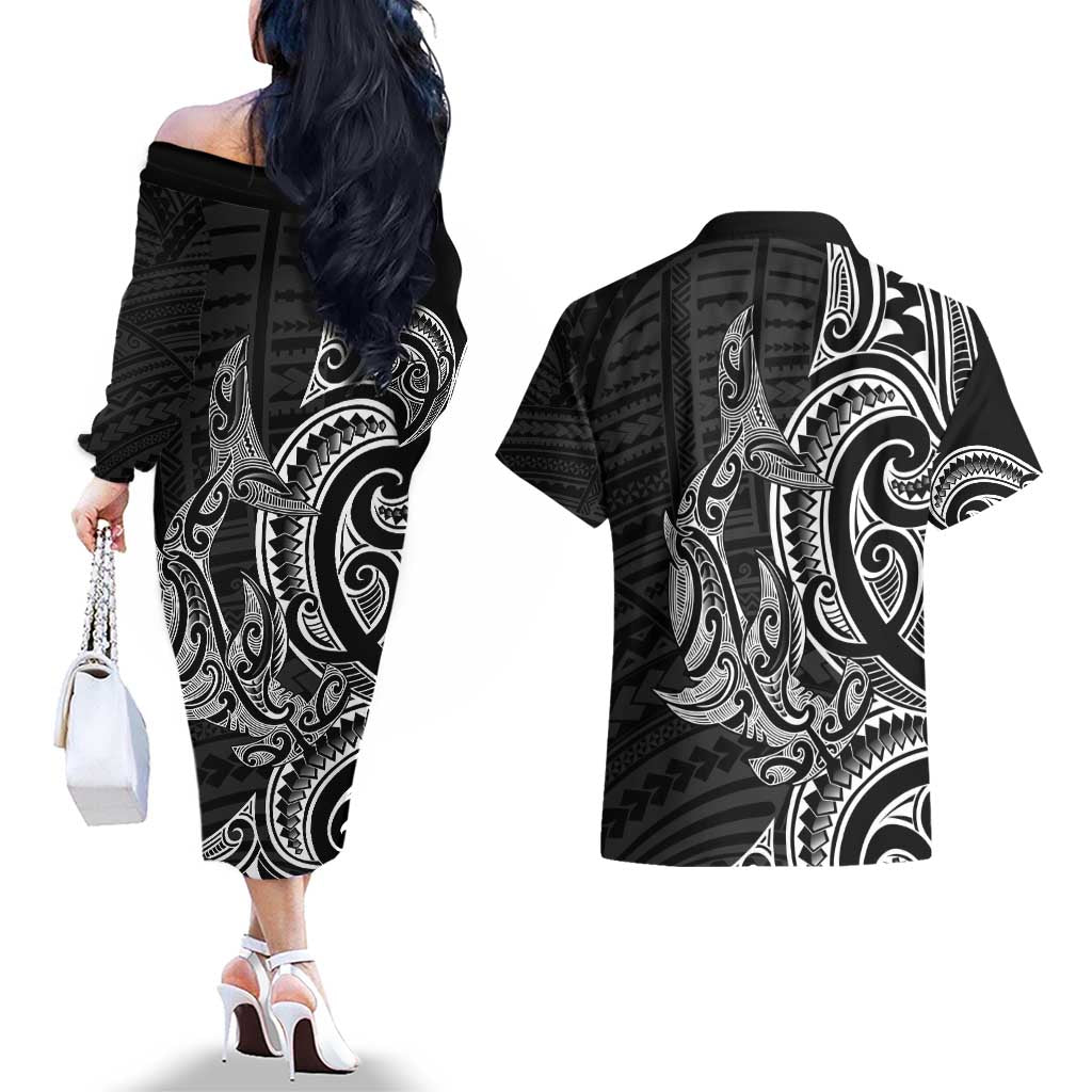 New Zealand Hammerhead Shark Couples Matching Off The Shoulder Long Sleeve Dress and Hawaiian Shirt Maori Haehae Mangopare Black - Polynesian Pride