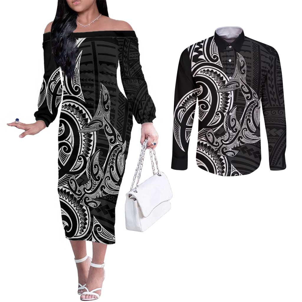 New Zealand Hammerhead Shark Couples Matching Off The Shoulder Long Sleeve Dress and Long Sleeve Button Shirt Maori Haehae Mangopare Black - Polynesian Pride
