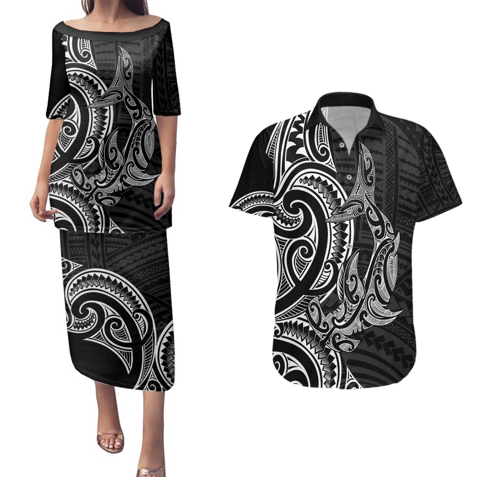 New Zealand Hammerhead Shark Couples Matching Puletasi and Hawaiian Shirt Maori Haehae Mangopare Black - Polynesian Pride