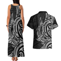 New Zealand Hammerhead Shark Couples Matching Tank Maxi Dress and Hawaiian Shirt Maori Haehae Mangopare Black - Polynesian Pride
