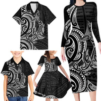 New Zealand Hammerhead Shark Family Matching Long Sleeve Bodycon Dress and Hawaiian Shirt Maori Haehae Mangopare Black - Polynesian Pride