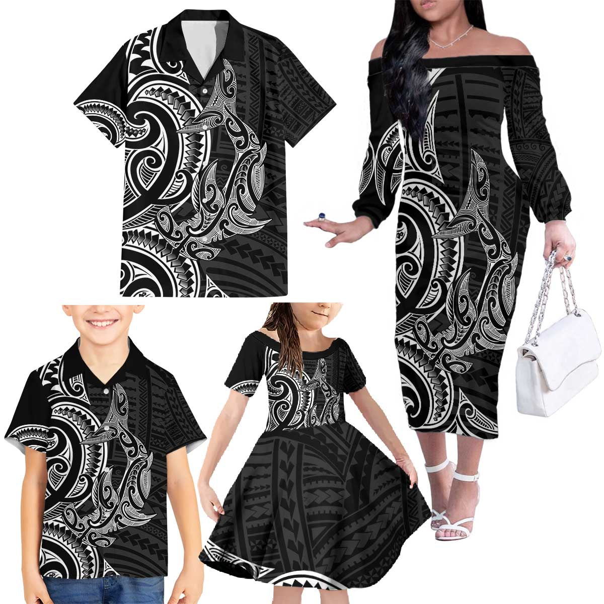 New Zealand Hammerhead Shark Family Matching Off The Shoulder Long Sleeve Dress and Hawaiian Shirt Maori Haehae Mangopare Black - Polynesian Pride