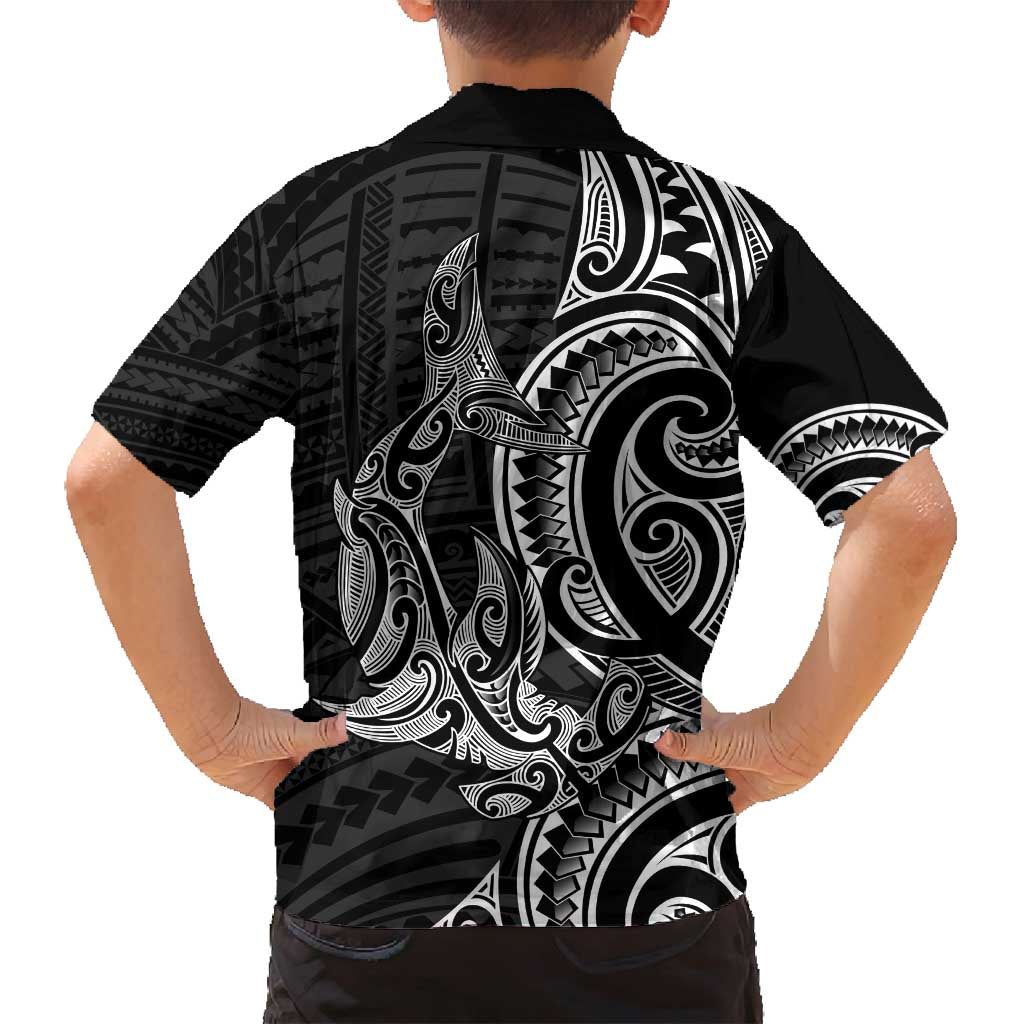 New Zealand Hammerhead Shark Family Matching Off Shoulder Maxi Dress and Hawaiian Shirt Maori Haehae Mangopare Black - Polynesian Pride