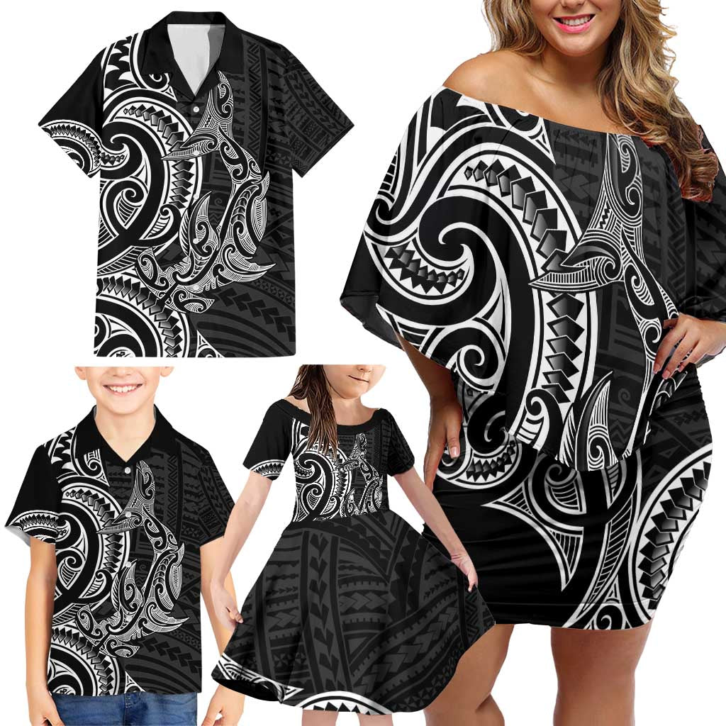 New Zealand Hammerhead Shark Family Matching Off Shoulder Short Dress and Hawaiian Shirt Maori Haehae Mangopare Black - Polynesian Pride