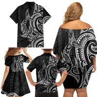 New Zealand Hammerhead Shark Family Matching Off Shoulder Short Dress and Hawaiian Shirt Maori Haehae Mangopare Black - Polynesian Pride