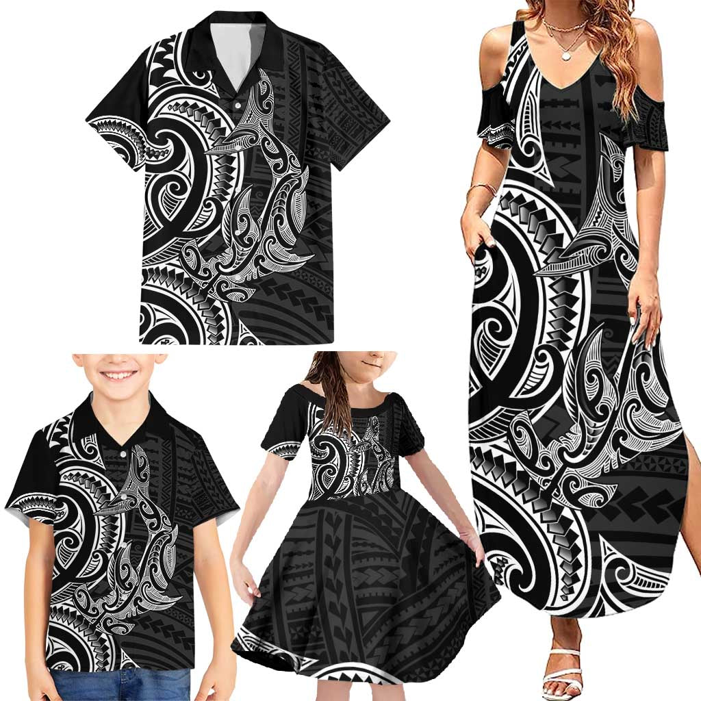 New Zealand Hammerhead Shark Family Matching Summer Maxi Dress and Hawaiian Shirt Maori Haehae Mangopare Black - Polynesian Pride
