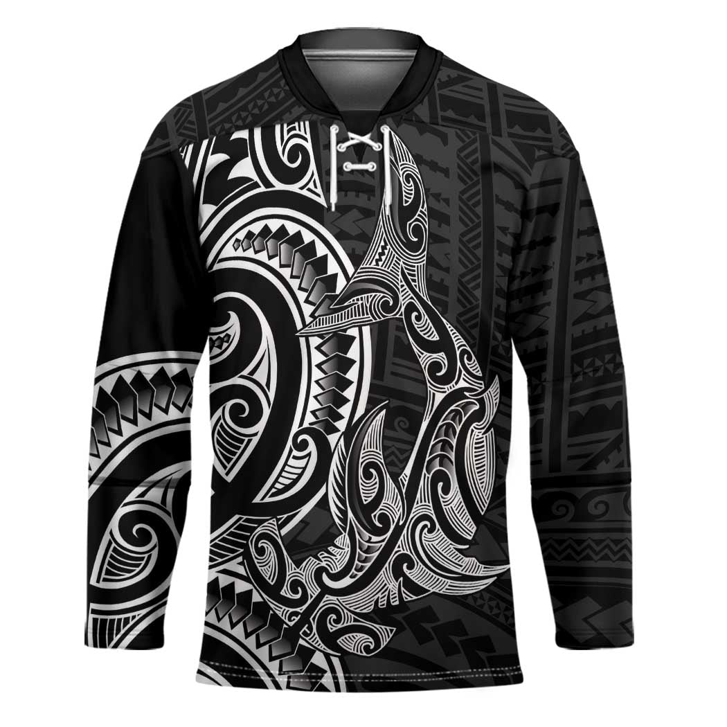 New Zealand Hammerhead Shark Hockey Jersey Maori Haehae Mangopare Black - Polynesian Pride