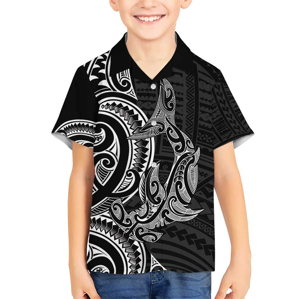 New Zealand Hammerhead Shark Kid Hawaiian Shirt Maori Haehae Mangopare Black - Polynesian Pride