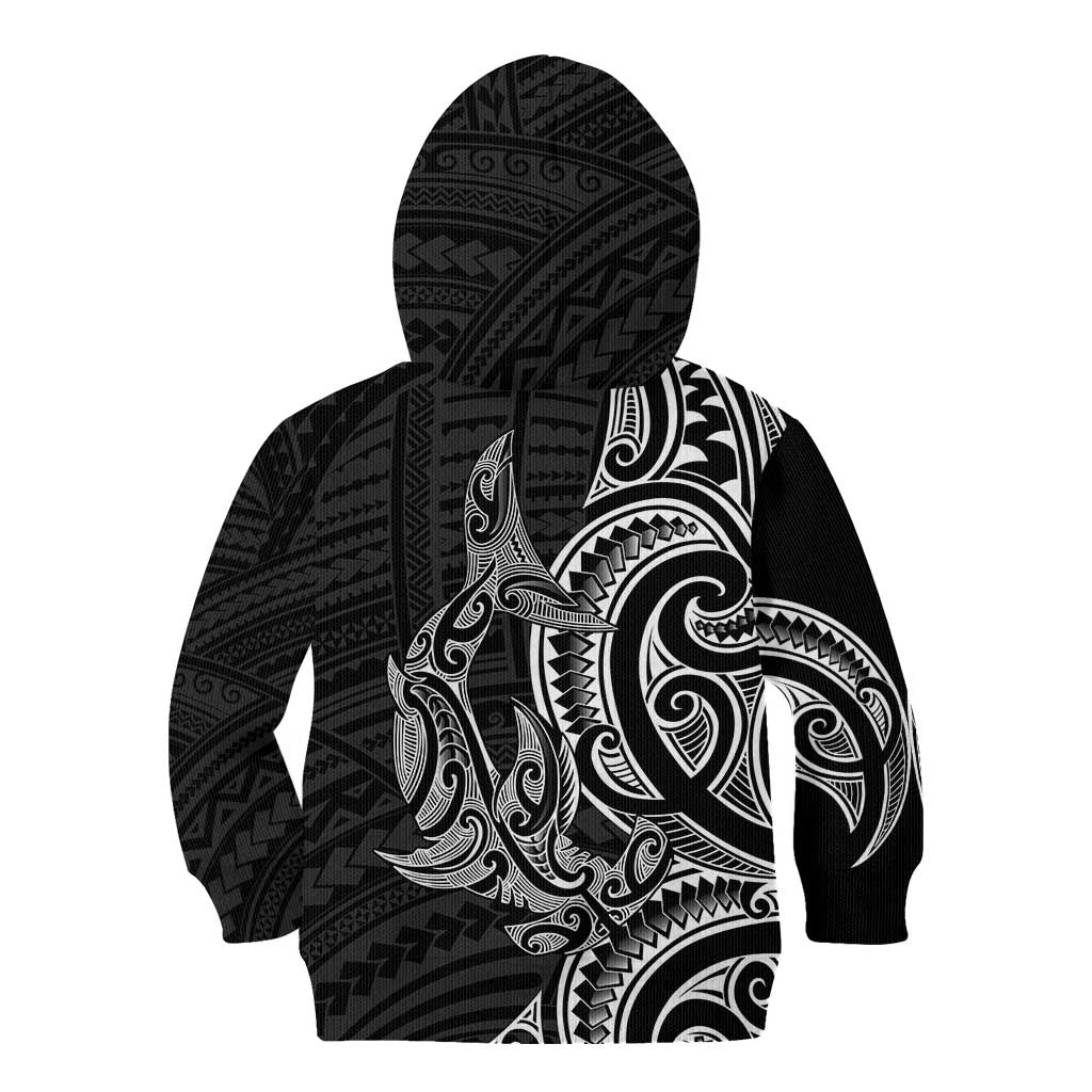 New Zealand Hammerhead Shark Kid Hoodie Maori Haehae Mangopare Black - Polynesian Pride