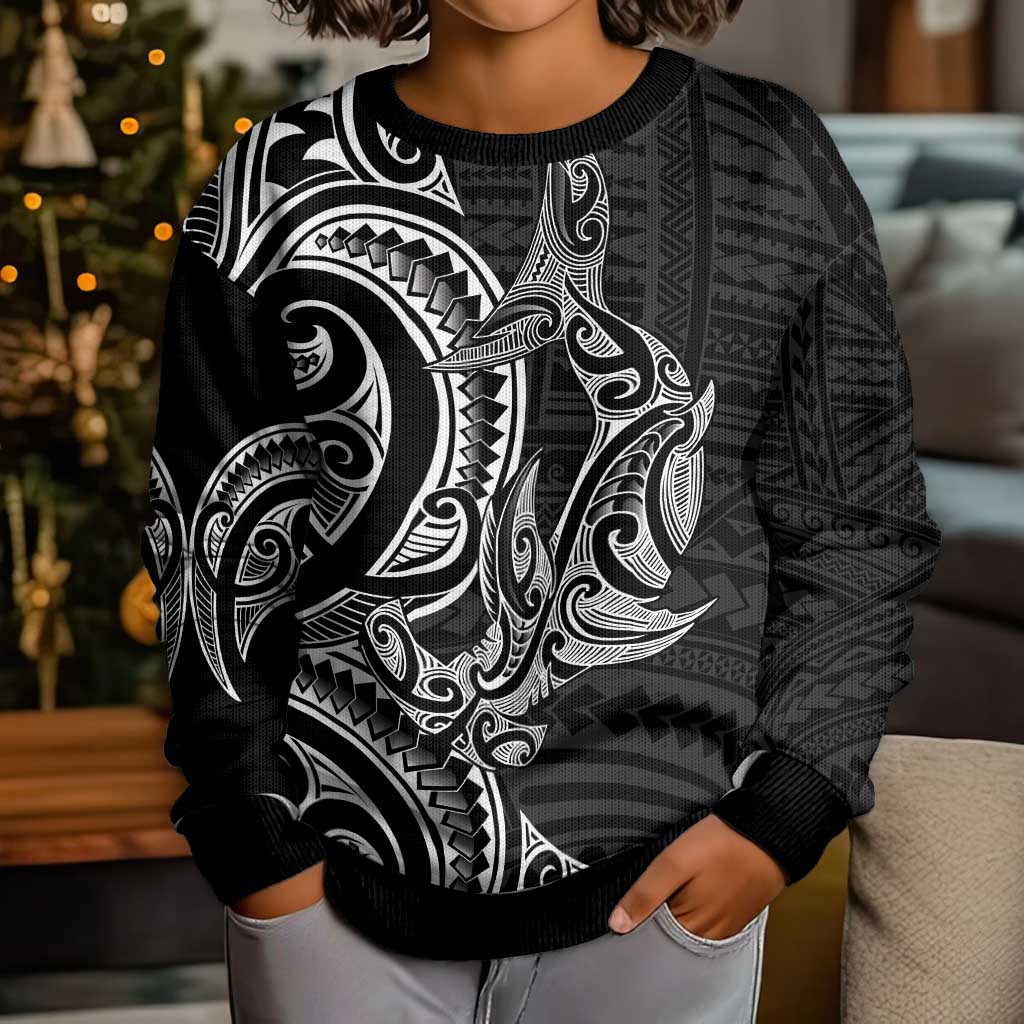 New Zealand Hammerhead Shark Kid Ugly Christmas Sweater Maori Haehae Mangopare Black - Polynesian Pride
