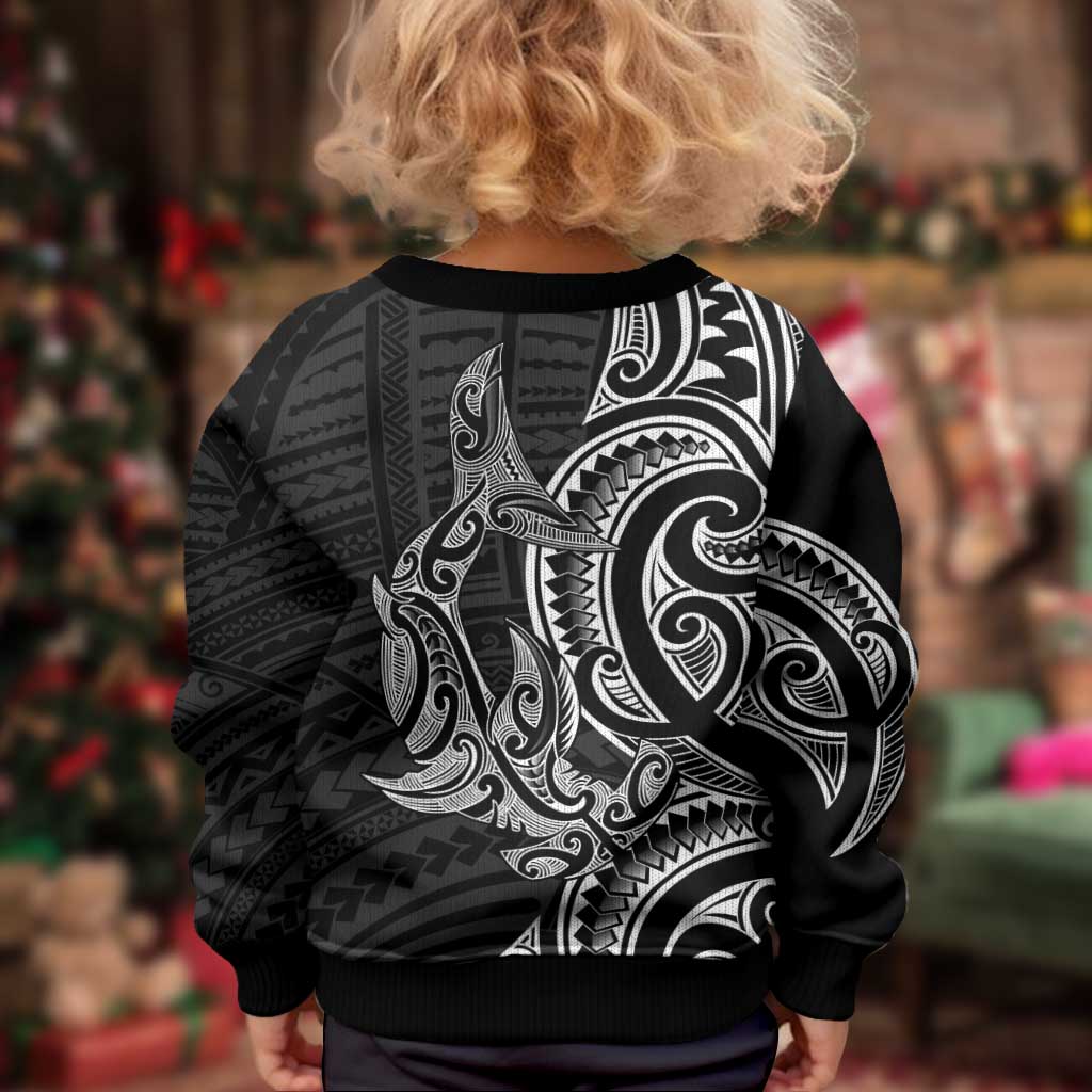 New Zealand Hammerhead Shark Kid Ugly Christmas Sweater Maori Haehae Mangopare Black - Polynesian Pride