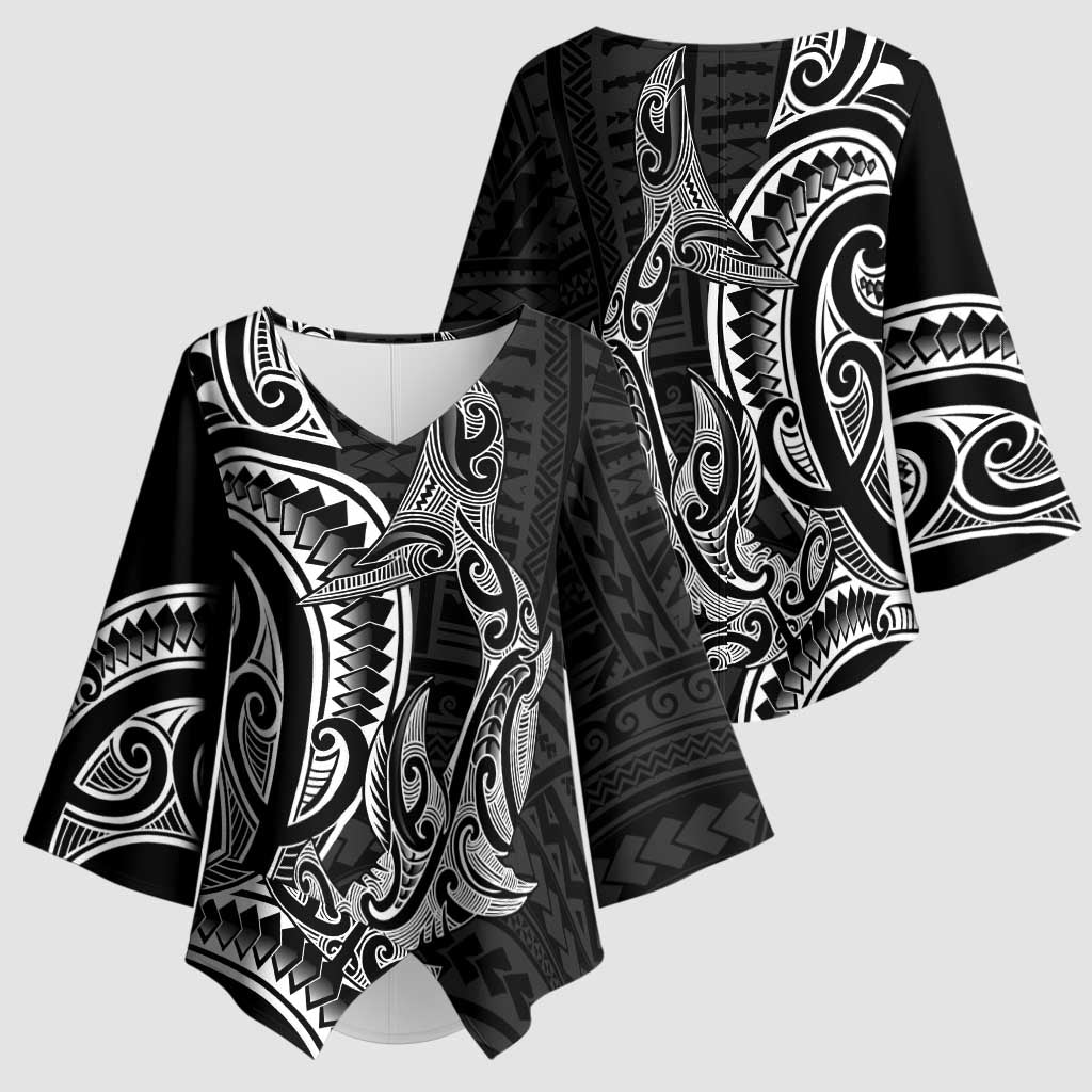 New Zealand Hammerhead Shark Kimono Sleeve Blouse Maori Haehae Mangopare Black - Polynesian Pride