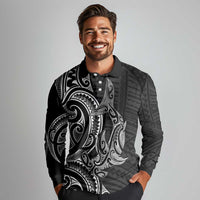 New Zealand Hammerhead Shark Long Sleeve Polo Shirt Maori Haehae Mangopare Black - Polynesian Pride