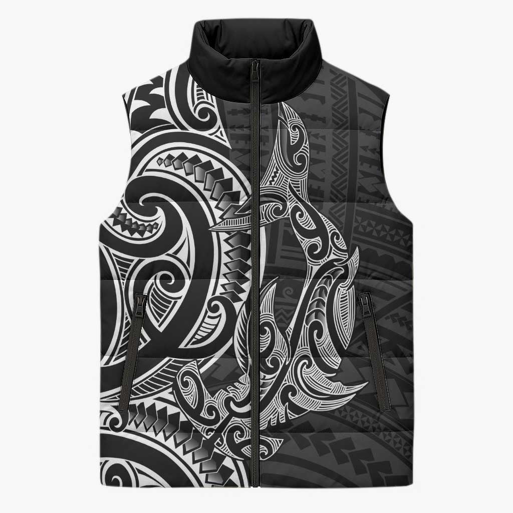 New Zealand Hammerhead Shark Sleeveless Puffer Jacket Maori Haehae Mangopare Black - Polynesian Pride