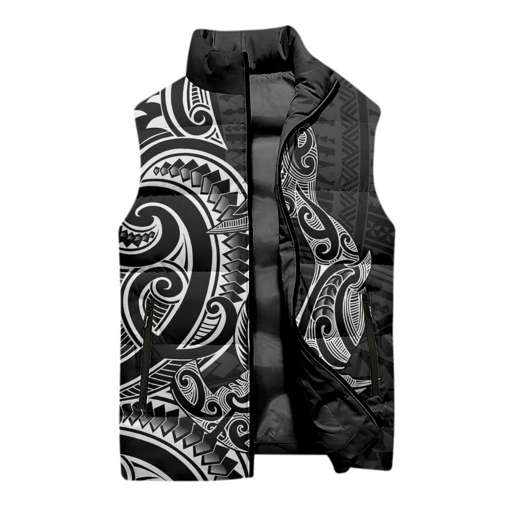 New Zealand Hammerhead Shark Sleeveless Puffer Jacket Maori Haehae Mangopare Black - Polynesian Pride