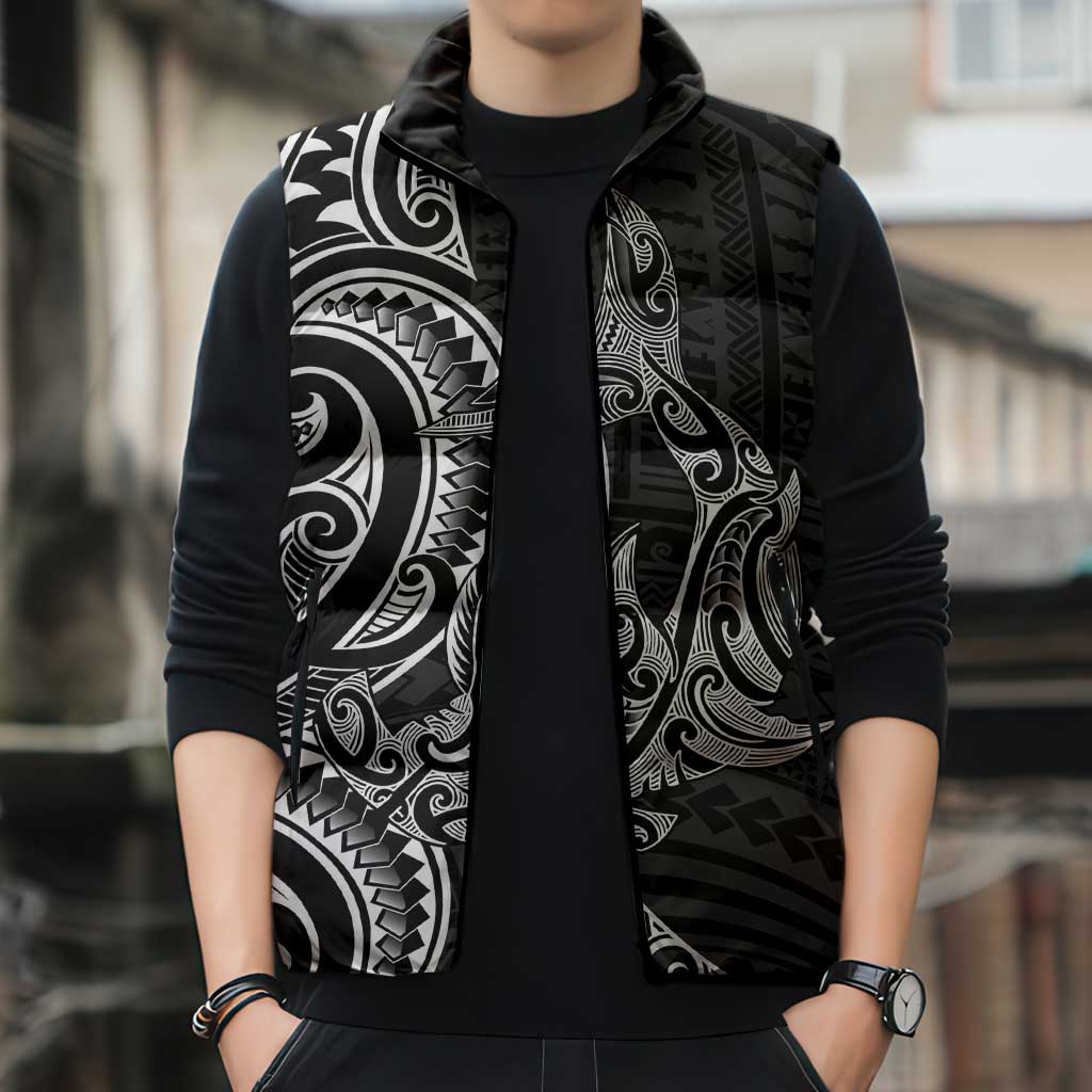 New Zealand Hammerhead Shark Sleeveless Puffer Jacket Maori Haehae Mangopare Black - Polynesian Pride