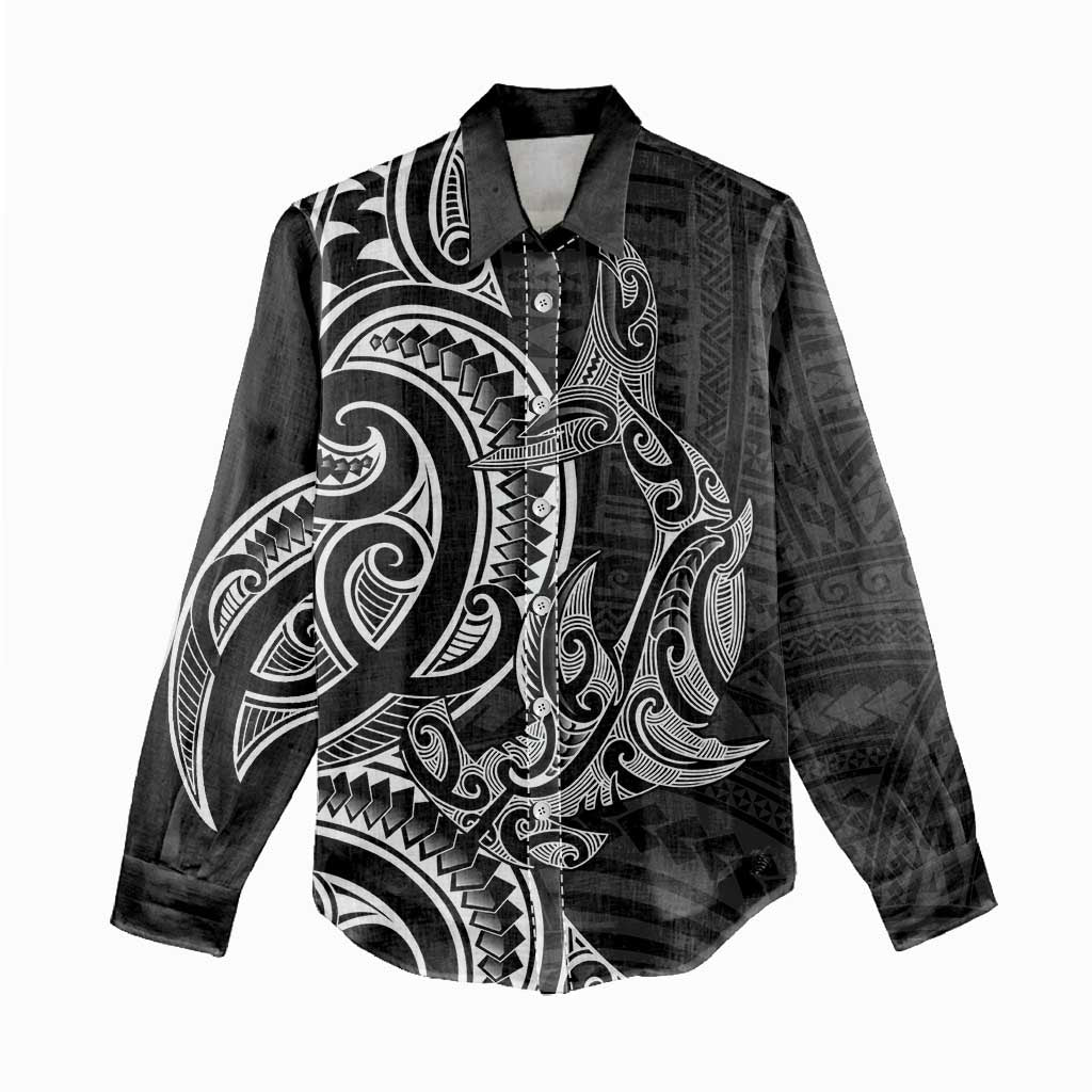 New Zealand Hammerhead Shark Women Casual Shirt Maori Haehae Mangopare Black - Polynesian Pride
