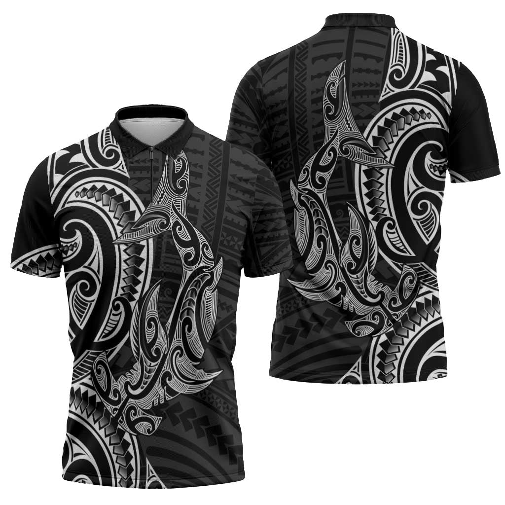 New Zealand Hammerhead Shark Zipper Polo Shirt Maori Haehae Mangopare Black - Polynesian Pride